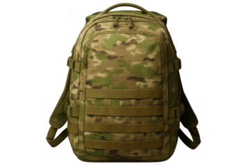 Studio shot of a camouflage pattern tactical backpack, isolated on a transparent background, ready for customization