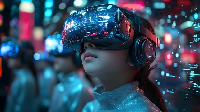 A child in awe as they explore a futuristic digital world through virtual reality