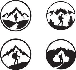 Adventure & Mountain Badge Icons | Hiking Clipart, Outdoor Travel Symbols, Black and White Vector, Nature Emblem Set

