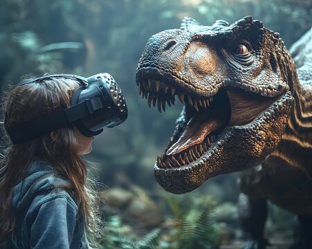 A child explores a virtual dinosaur park through VR with a giant T Rex roaring in the background