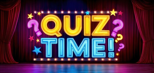 The vibrant neon sign announcing a quiz time event on stage.