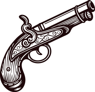 Antique engraved flintlock pistol illustration in vintage hand drawn with ornate details