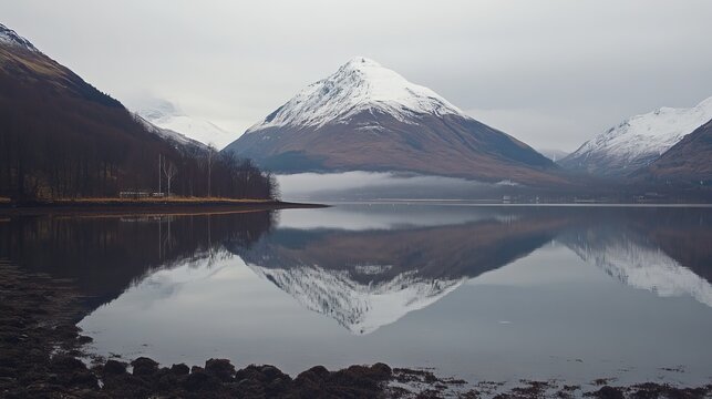 Serene reflection of a snow-capped mountain peak in a still loch, misty valley, and muted autumnal colours