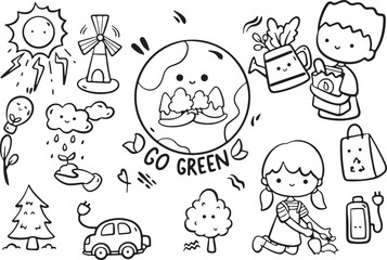 Eco-Friendly Kids Doodle Set | Go Green Clipart, Hand-Drawn Vector, Environmental Sketches, Black and White Cartoon Art

