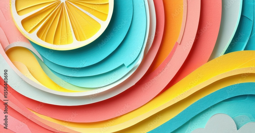 Aufkleber Bright paper layers form abstract waves, citrus fruit segment visible. Colorful design evokes summer vibes, playful texture.
