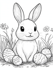 An adorable bunny sits among decorated eggs and flowers in a charming Easter coloring page for children.