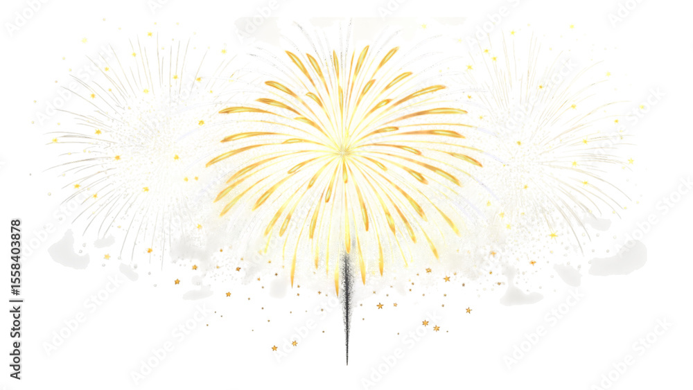 Poster a festive display of golden fireworks exploding against a dark black background in celebration mode 
