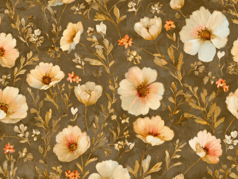 Delicate floral pattern with watercolor and oil paint effect, featuring subtle beige, cream, and peach flowers with green leaves on brown seamless background, evoking calm, vintage mood