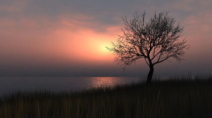 Fototapeta premium Serene sunset landscape featuring a solitary, leafless tree silhouetted against a vibrant, colorful sky over calm water