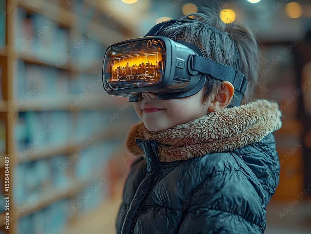Poster a child exploring a virtual reality classroom for learning