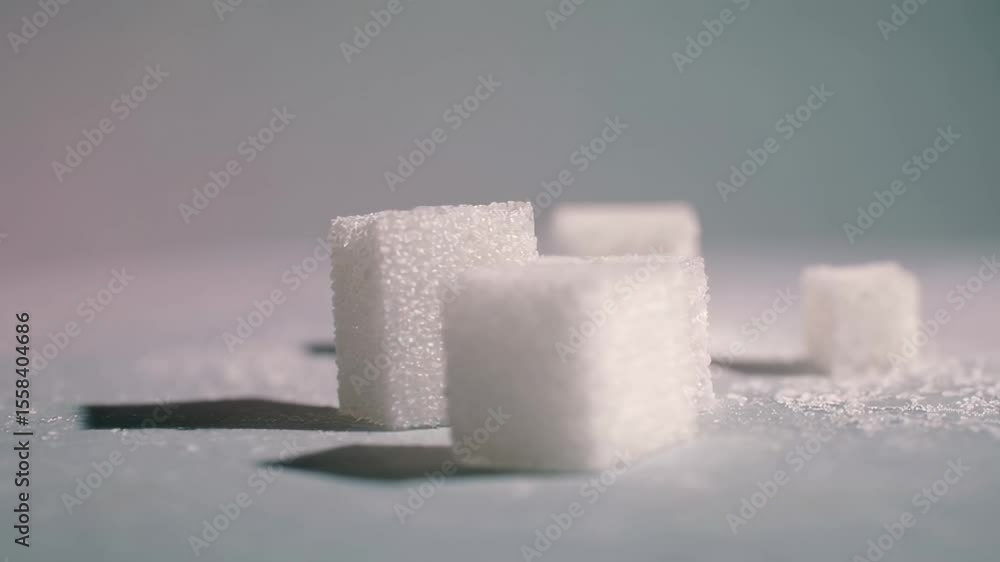 Poster White sugar cubes gradually decreasing in number on a white background, creating a visual representation of sugar reduction or a sugar free lifestyle