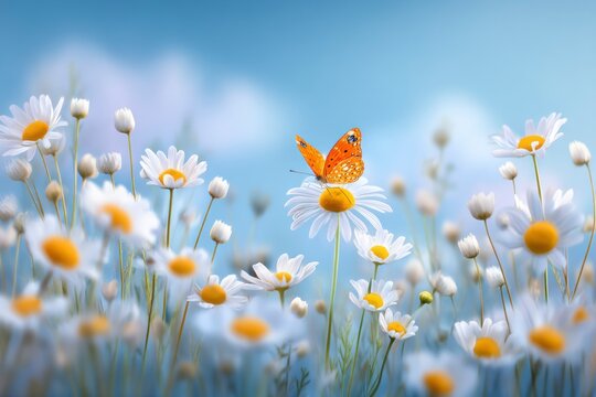 An orange butterfly rests on a white daisy amidst a field of daisies - Powered by Adobe