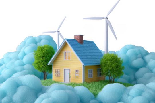 Cozy yellow house with wind turbines and lush green trees isolated on transparent background - Powered by Adobe