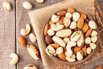 Healthy mix nuts. Almonds, hazelnuts, cashews, peanuts, pistachios, Brazil nuts