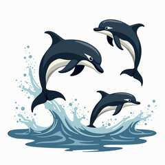 Fototapeta premium Cartoon Illustration of Dolphins Jumping Out of the Water, Set Against a White Background