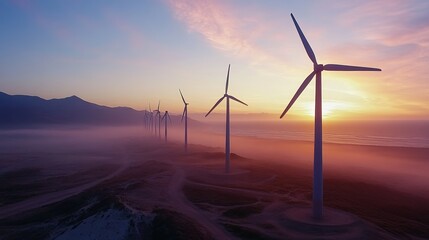 Serene sunset over a row of wind turbines in a misty landscape