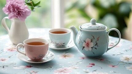 A tea set in pastel hues, placed on a delicate floral tablecloth