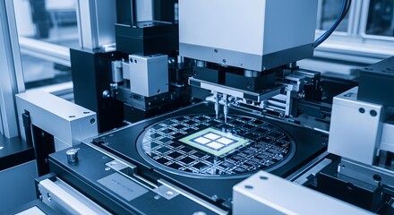 Precision robotic arm carefully places microchips onto a silicon wafer during advanced semiconductor manufacturing. High-tech industry automation at its finest.