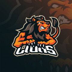 Lion mascot logo design vector with modern illustration concept style for badge, emblem and t shirt printing. Angry lion illustration for sport and team.