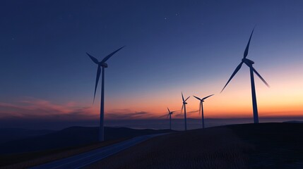 Serene sunset over a wind farm atop rolling hills, with a road winding through the landscape