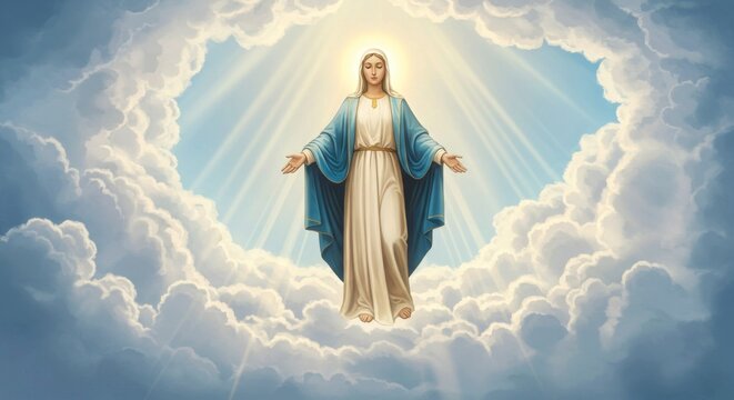 heavenly white to sky blue gradient with the Virgin Mary rising surrounded by clouds and rays of light