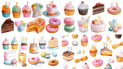 Colorful watercolor desserts collection with cupcakes, donuts, cakes, and pastries. Perfect for birthday designs, menu decor, bakery branding, and party invitations.

