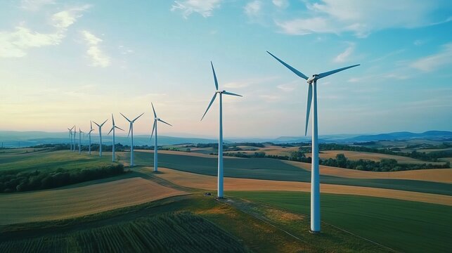 Serene sunset over a wind farm, rows of tall turbines dotting a picturesque landscape of rolling hills and fields - Powered by Adobe