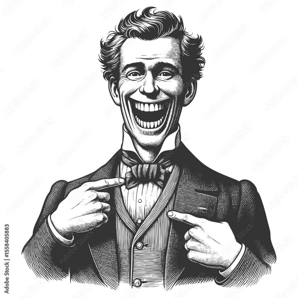 Poster happy man in formal attire, smiling widely and pointing proudly at his bow tie with both hands sketc
