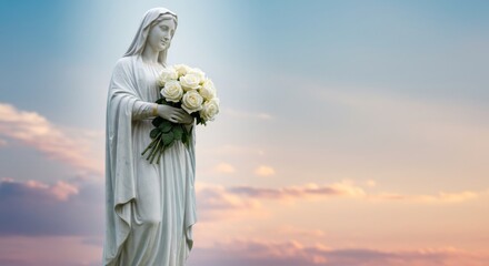 statue of Virgin Mary with bouquet of white roses, light shining from the sky, fading gradient background