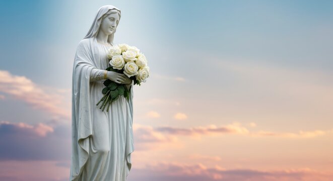 statue of Virgin Mary with bouquet of white roses, light shining from the sky, fading gradient background