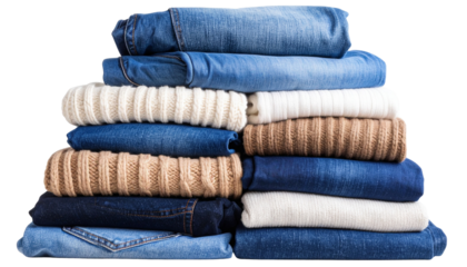 Pile of folded jeans, sweaters, flannels, and other assorted clothing items.