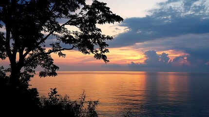 Serene sunset over calm water, silhouetted tree, colorful sky