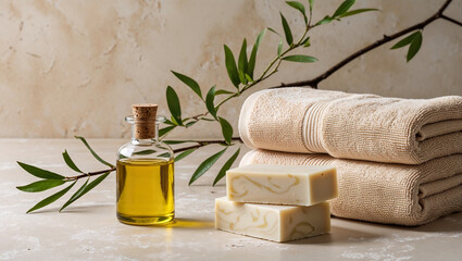 Natural soap, essential oil and olive branch creating relaxing spa ambiance