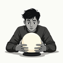 Illustration of a Young Man Gazing Intently at a Glowing Crystal Ball, Seeking Answers and Future Insights