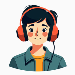 Cartoon Portrait of a Young Person Wearing Headphones and a Jacket, Smiling Happily, Flat Vector Illustration