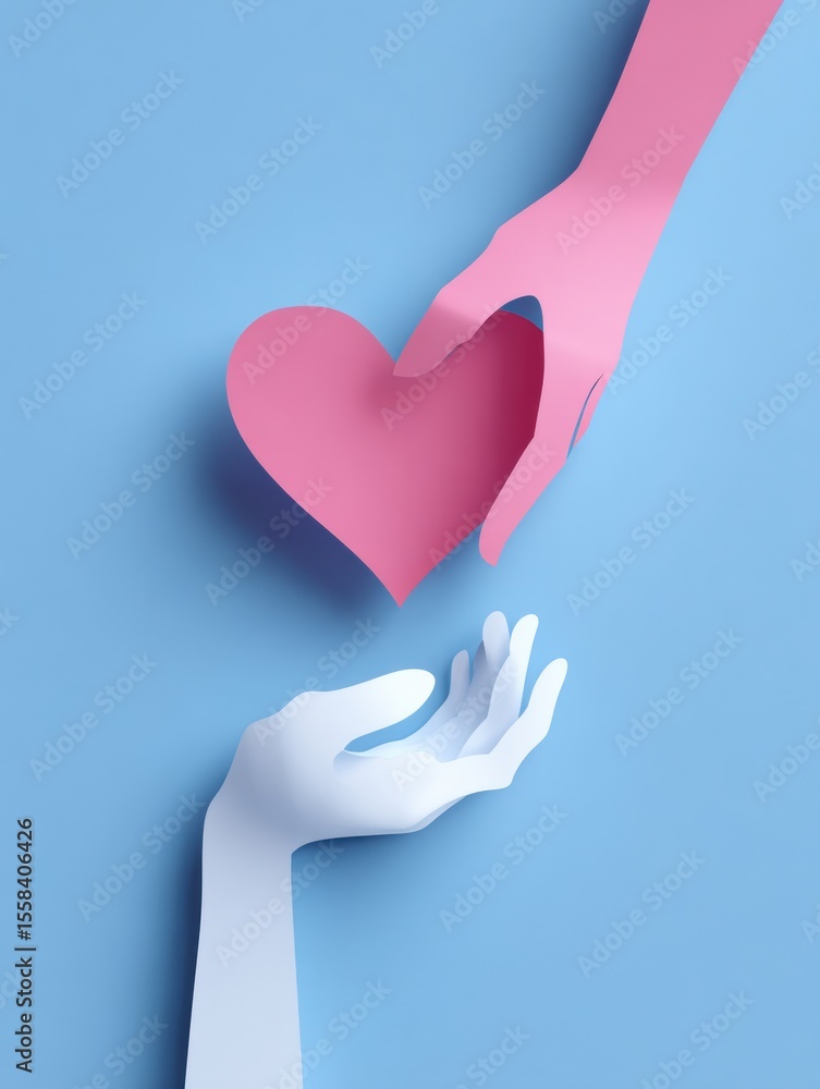 Aufkleber hands exchanging a heart in paper cut style representing kindness and connection at a minimalist set
