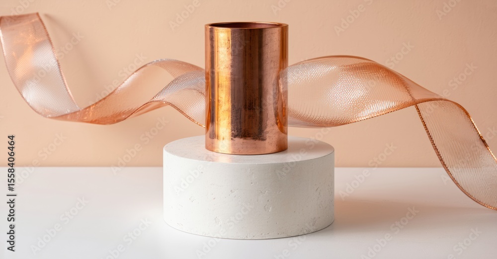 Poster copper cylinder rests upon concrete base. ribbon drapes elegantly, creating soft visual contrast. mi