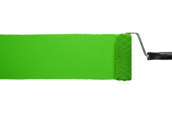 Green paint roller creating a bright green stripe Isolated on transparent background