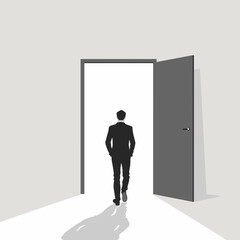 Fototapeta premium Silhouette of a Businessman Walking Through an Open Doorway Towards Opportunity and Success