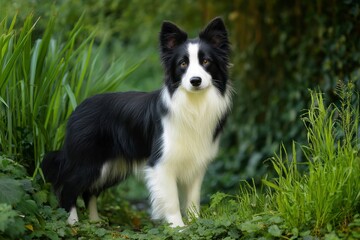 Fototapeta premium Black and white Border Collie stands alert in lush greenery