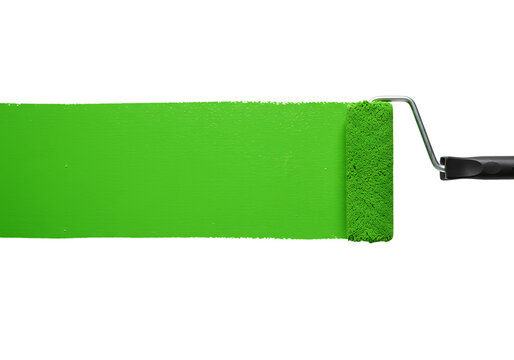 Green paint roller creating a bright green stripe Isolated on transparent background