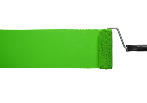 Green paint roller creating a bright green stripe Isolated on transparent background