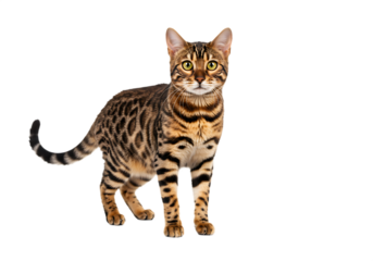 Majestic bengal cat with striking coat and intense gaze standing Isolated on transparent background