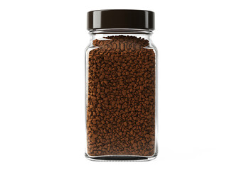 Jar of instant coffee granules with a black lid Isolated on transparent background