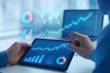 Person analyzing financial data charts and graphs on a tablet and futuristic screen