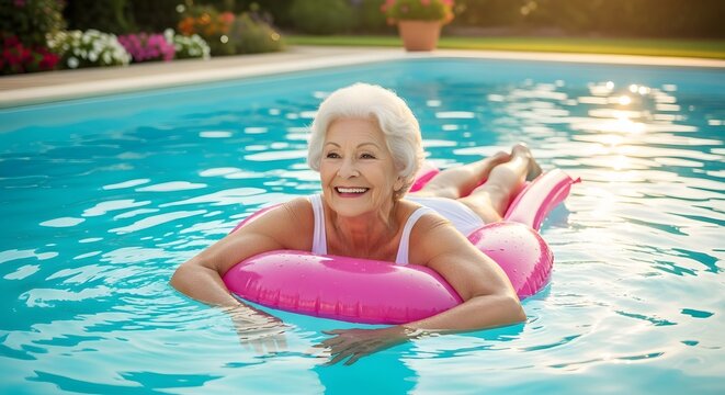 Senior woman smiles serenely while floating on a pink inflatable ring in a sparkling pool, enjoying a sunny summer day. Peaceful retirement bliss.