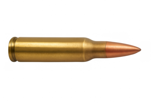 Metallic rifle bullet close-up, showcasing detailed brass casing and sharp projectile tip against transparent backdrop