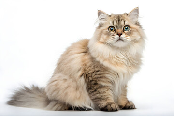 Obraz premium Fluffy Green-Eyed Cat Poses Gracefully Against Clean White Backdrop 