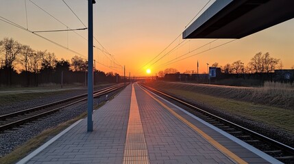 Serene sunset view from a train platform, railway tracks extending to a vibrant orange sun