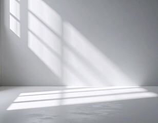 Clean 3D render of an empty white room with sunlight casting shadows from large windows, suitable for minimal product displays and design presentations